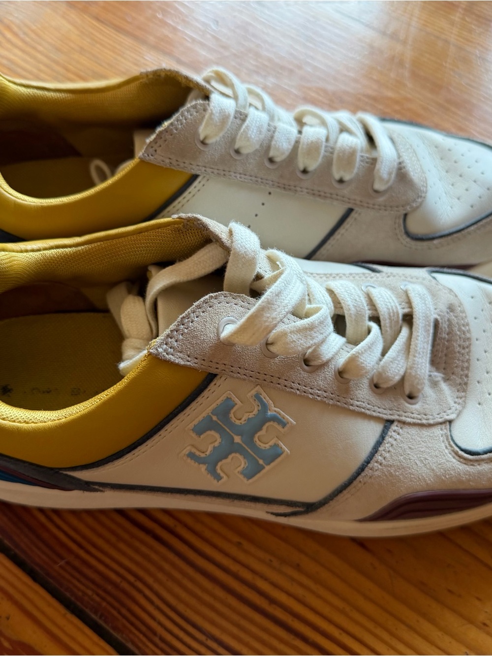 Tory Burch White Leather Sneakers with Yellow Lining and Light Blue Logo